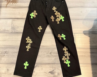 Leopard Cross Patch Jeans : Y2K Baggy Denim Streetwear Pants