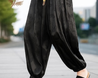 Pantalones harén asiáticos de seda con diseño tradicional de dragón, estilo bohemio, con cordón ajustable, estilo étnico suelto.