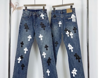 Jean en denim bleu à empiècements croisés - Pantalon streetwear gothique pour homme et femme