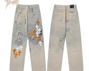 Pantalones vaqueros con parche de cruz gótica: pantalones vaqueros holgados estilo streetwear Y2K – Negro lavado grunge unisex