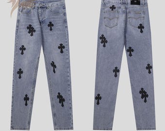 Gothic Cross Patch Jeans: Baggy Y2K Streetwear Denim Pants – Black Washed Grunge Unisex