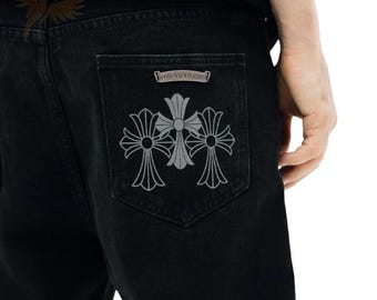 Pantalones vaqueros holgados estilo streetwear con parches cruzados vintage, vaqueros de mezclilla cruda estilo grunge Y2K, vaqueros negros lavados
