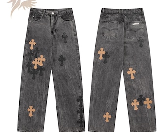 Cross Patch Jeans Baggy Raw Denim Grunge übergroße Hip Hop Skater Unisex Hose