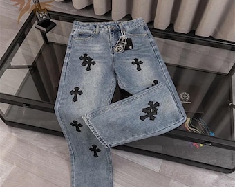 Denim jeans met kruispatch voor heren | Vintage gewassen gothic denim met losse pasvorm