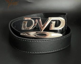 Cinturón con hebilla con logo de DVD – Estilo urbano Y2K, cinturón de cuero negro