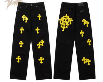 Pantalones vaqueros con parche de cruz gótica: pantalones vaqueros holgados estilo streetwear Y2K – Negro lavado grunge unisex