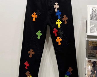 Pantalones vaqueros multicolor con parches cruzados – Pantalones vaqueros holgados estilo vintage estilo gótico Y2K unisex
