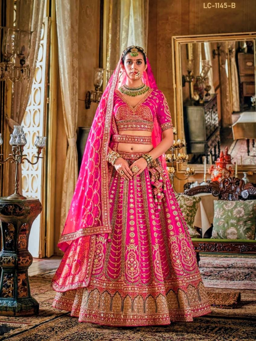 Rani Pink Silk Bridal Lehenga Choli, Hand Zardozi Embroidery, Banarasi Dupatta