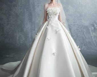 Abito da sposa di lusso senza spalline in raso, abito da sposa minimalista francese, abito da ballo con corsetto moderno ed elegante, su misura, abito da sposa semplice ed elegante