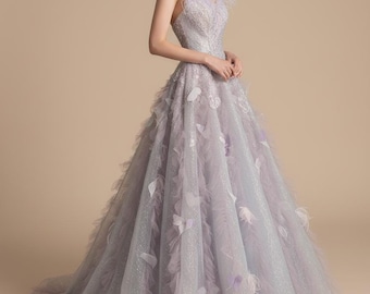 Abito da sera a sirena con paillettes viola, abito da fidanzamento da fata francese, elegante abito da sposa personalizzato