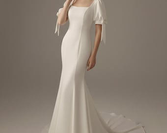 Abito da sposa a sirena con maniche a sbuffo alla francese, semplice ed elegante, stile foresta fatata da sogno, abito da sposa a tromba slim fit, su misura