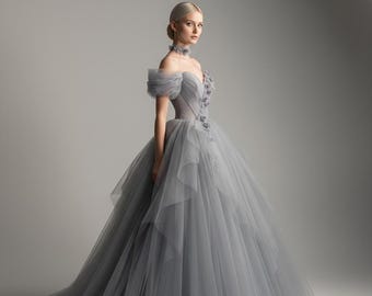 Abito in tulle blu polvere con spalle scoperte, abito da fidanzamento da fata francese, elegante abito da invitata a nozze personalizzato