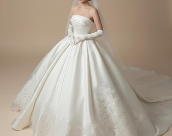 Abito da sposa semplice in raso bianco senza spalline, abito da sposa con corsetto e gonna a sbuffo in stile minimalista francese, su misura