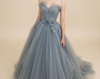 Elegante abito in tulle blu polvere, abito da ballo con scollo a cuore da fata francese, abito da sera di fidanzamento personalizzato