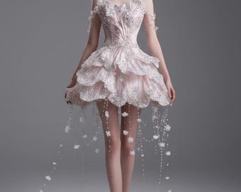 Dolce abito da ballo corto rosa con spalle scoperte per la sposa, abito da fidanzamento da principessa con nappe di cristallo di lusso, abito da festa gonfio con balze a strati, personalizzato