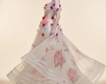 Elegante abito in tulle con spalle scoperte, abito da fidanzamento a trapezio con fiori 3D, abito da ballo con scollo a cuore, abito da gala per brindisi nuziale Quinceanera