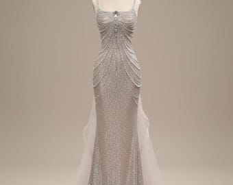 Abito da sirena con paillettes argento, abito da sera sexy con scollo a V e schiena scoperta, elegante abito da festa di gala personalizzato