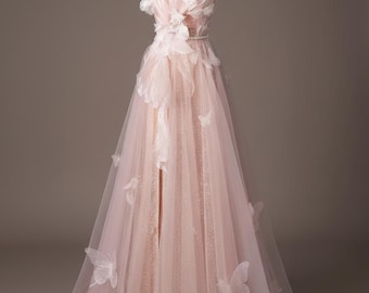 Elegante abito da sera in tulle rosa per donna, abito da fidanzamento in stile fata francese, abito da sposa di lusso con dettagli a farfalla, realizzato su misura