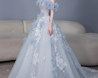 Abito da sera in tulle blu polvere, abito da ballo con scollo a cuore in stile fata francese, elegante abito da festa di fidanzamento realizzato su misura