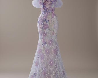 Elegante abito da sera a sirena viola per donna, abito da sposa con paillettes scintillanti, abito da brindisi in stile fata francese, abito formale su misura