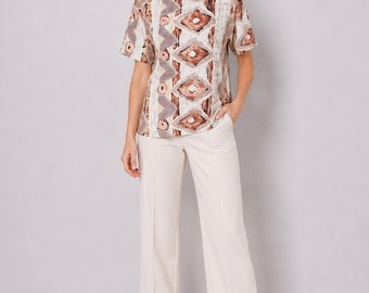 Diane Gilman Collection Vintage Top 100% Silk Geo Abstract Chic Boho size M