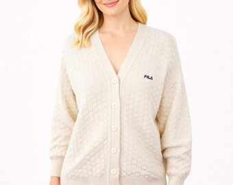FILA Cream Basketweave Knit Button Cardigan Italy 100% Wool Womens Size 10 VTG