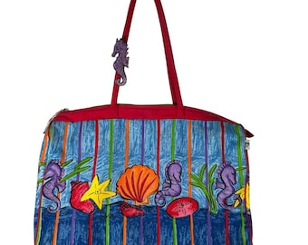 SALLY HUSS Colorful Sea Life Striped Print Bag Tote Large Weekender Duffel Charm