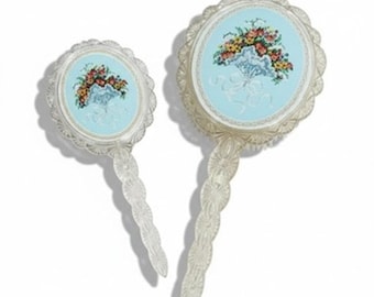 Vintage Floral Hand Mirror & Brush Vanity Set Shabby Chic Cottagecore Decor 70s