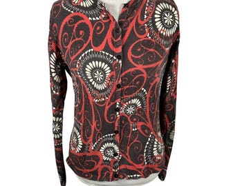 Vintage Prana Button Knit Cardigan Brown Scroll Print Sweater Y2K Crop Size L