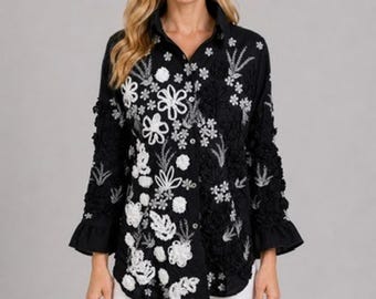 PONG Vintage 3D Floral Embroidered Button Shirt Cotton Art To Wear Black Size XL