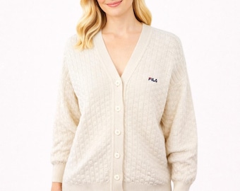 FILA Cream Basketweave Knit Button Cardigan Italy 100% Wool Womens Size 10 VTG