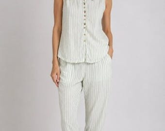 Vintage April Cornell Green Stripe Shabby Chic Embroidered Pajamas Set Size S