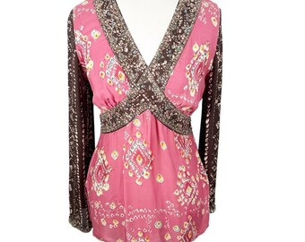 Vintage ECI Pink Print Beaded Top V-Neck 100% Silk Peasant Boho Y2K Size M