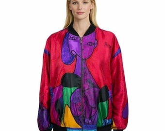 Picasso Wearable Art Satin Bomber Jacket Retro Colorful Abstract 90s Size XL OS