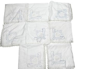 Napkin Set of 8 Linen White with Blue Eyelet Embroidery Lace Victorian Cottage