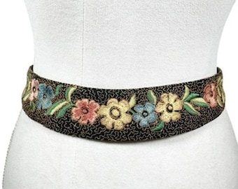 Vintage Statement Belt Fabric Waist Black Floral Embroidered Victorian Boho Sz S