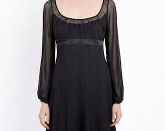 Vestido de cóctel Anne Klein de seda negra con mangas transparentes y escote ilusión, estilo vintage de los años 90, talla 12.