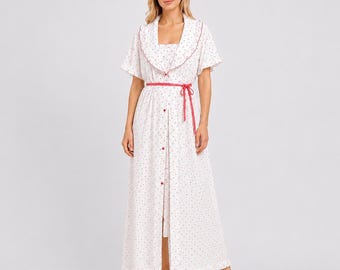 Vintage Strawberry Print Nightgown Robe Set Peignoir Pink White Cottage Size S