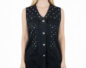 Vintage Saint Germain Black Jean Jacket Vest Rhinestone Embellished 80s Size S