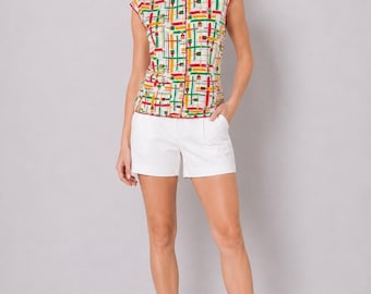 Vintage 70s Smock Apron Top Sleeveless Paintbrush Grid Print Retro Pocket S/M