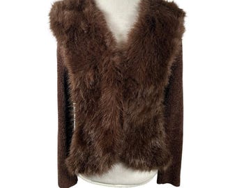 Lisa International Brown Chenille Knit Cardigan Sweater Fur Collar Chic Size L