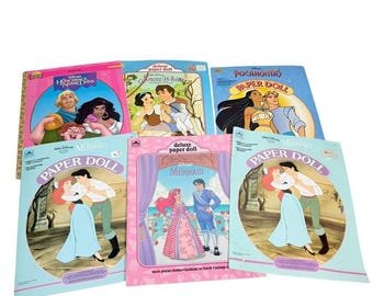 6 muñecos de papel de Disney Golden Book: Blancanieves, Pocahontas y Sirena (completos)