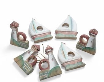 Cottage Nautical 8 Wooden Napkin Rings Sailboat Lighthouse Beach Table Decor