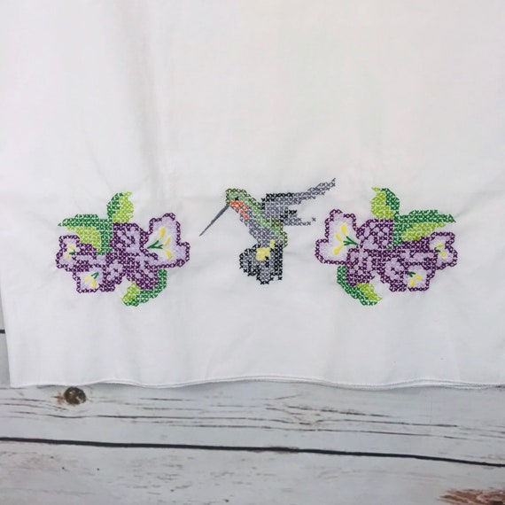 Vtg Cross Stitch Pillow Case Hummingbird Purple Flowers White Etsy