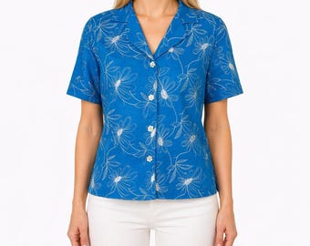Ali Miles Blue White Floral Button Up Top Short Sleeve Linen Hawaiian Vtg Size M