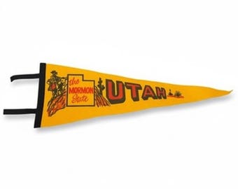 Vintage Large Yellow Wall Pennant Utah Mormon State Souvenir Mid Century Felt