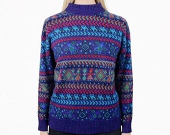 Vintage Meister Sweater Bright Blue Purple Fair Isle Striped 80s Unisex Size M