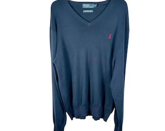 Vintage Polo Ralph Lauren Navy Sweater Pima Cotton Red Polo Pony Mens Size XXL