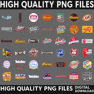 Puede incluir: Una colección de logotipos gráficos digitales para varias marcas de dulces, incluyendo Hershey's, Reese's, Jolly Rancher, Airheads, Tootsie Roll, Twizzlers y Dots, dispuestos en una cuadrícula sobre un fondo gris con el texto HIGH QUALITY PNG FILES.