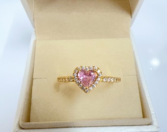 Pink zircon heart inlaid ring, plot person gift, Pandora style full of love